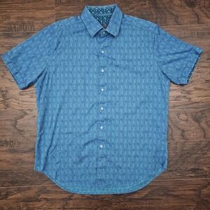 Robert Graham Mens Medium Blue Geometric Print Short Sleeve Button‎ Up Classic